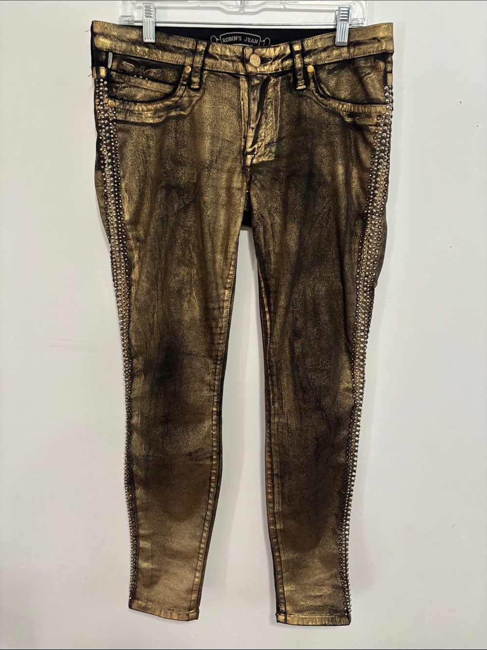 Robin’s Jean Marilyn Gold Metallic Foil Studded Skinny Jeans Women’s 31 Made USA